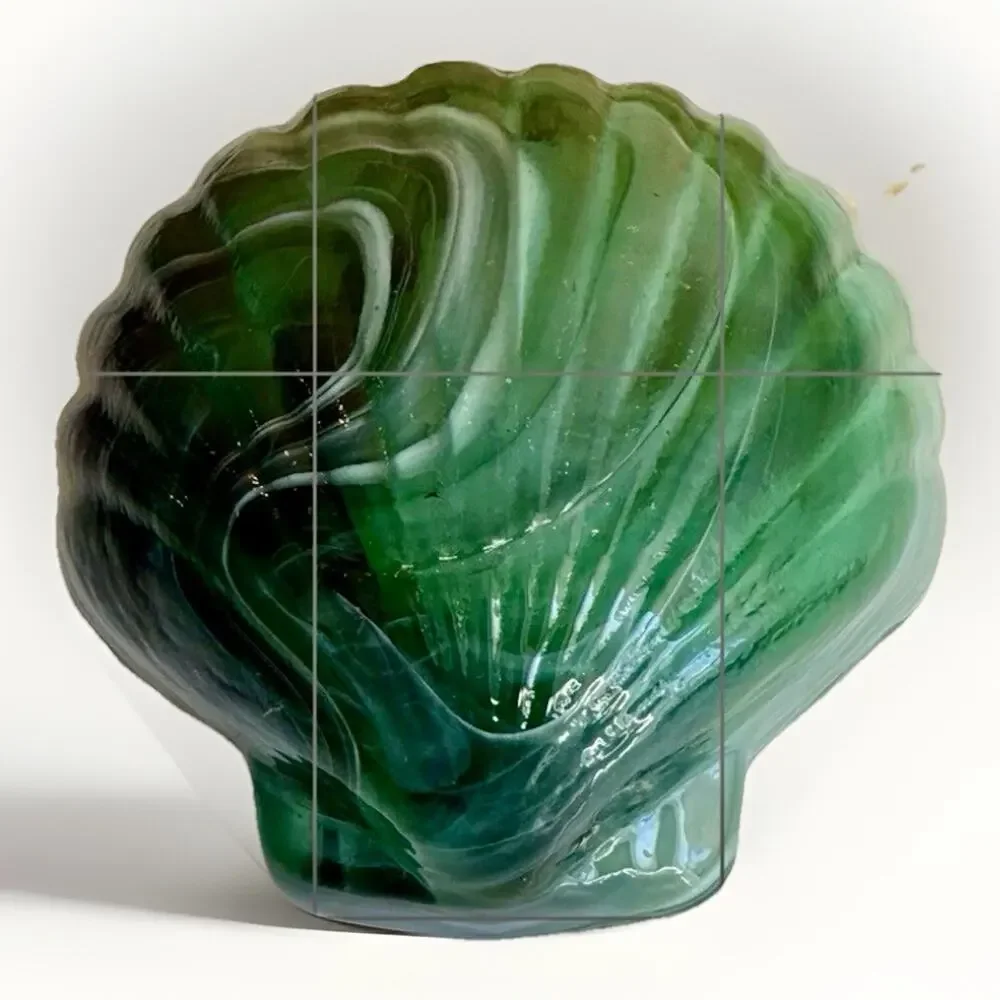 Vintage Green Swirl Sea Shell Shaped Hand Made Signed Art Glass Paperweight 5x5